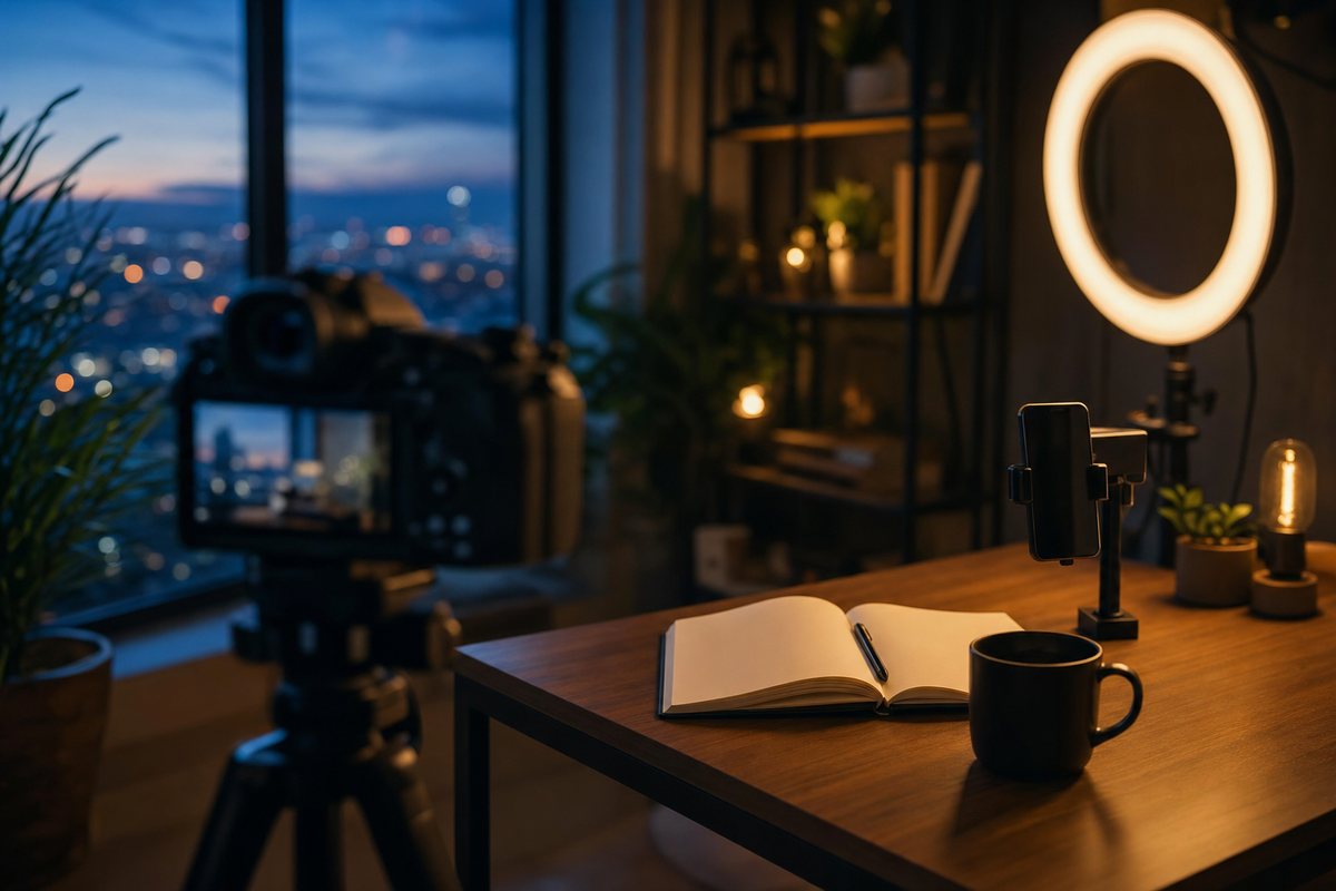 Creator filming corner at dusk with a camera on a tripod, ring light and notebook
