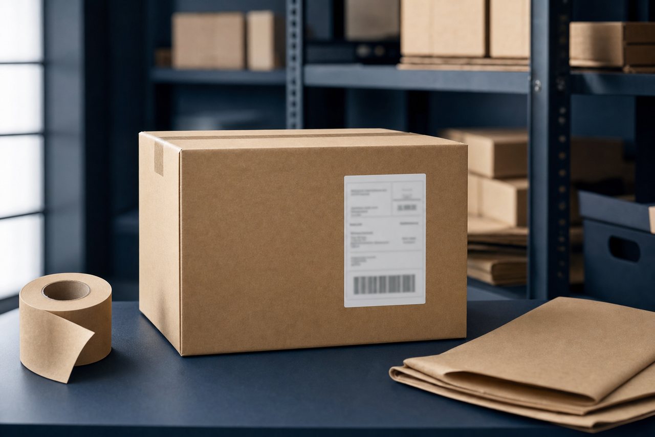 Shipping box with a label on a packing table in front of warehouse shelves