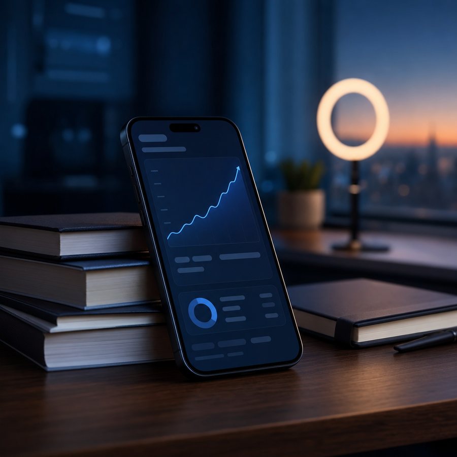 Smartphone with a rising statistics curve on a desk